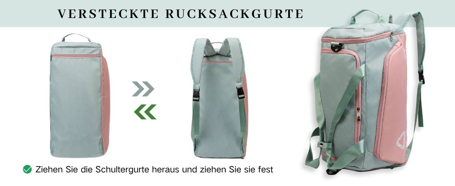 Спортивна сумка для жінок 45L з відділенням для взуття, мокрою сумкою, водонепроникна, для подорожей, спортзалу, басейну. Сумка-рюкзак для фітнесу, спорту, подорожей. Зелена/Рожева.