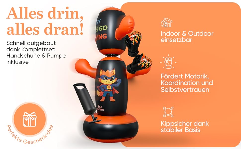 Боксерський мішок дитячий Lululearn® з поворотним верхом, з рукавичками для боксу (від 2 років) для хлопчиків та дівчаток: бокс, карате, тхеквондо