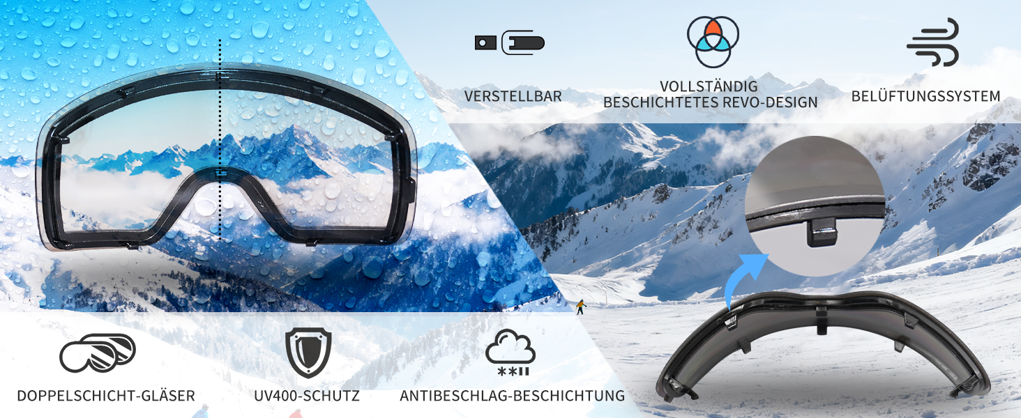 Гірськолижні маски VCOROS OTG для унісекс, YH227 - сноуборд маска з антиковзним ремінцем, захистом від УФ та запобіганням запотіванню, регульовані, срільно-білі (VLT13%)