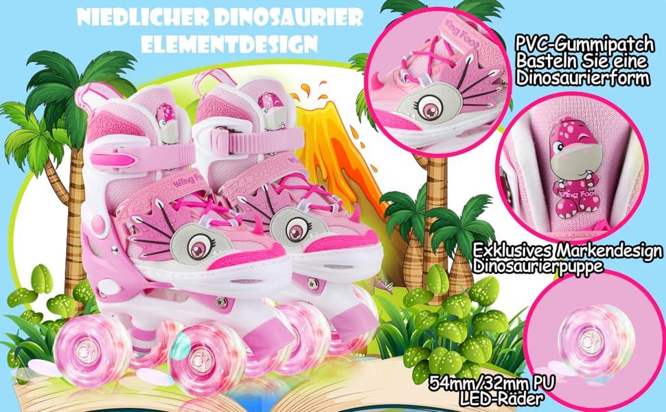 Ролики дитячі Kinder Dinosaurier з підсвічуванням, розмір регулюється, рожеві