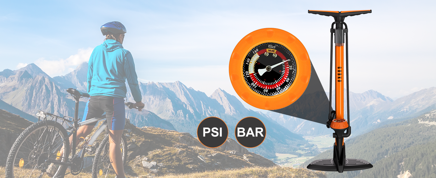 Насос для велосипеда GOBKO з манометром, 160 PSI, 11 Bar, для шосе, MTB, спортивних м'ячів, помаранчевий
