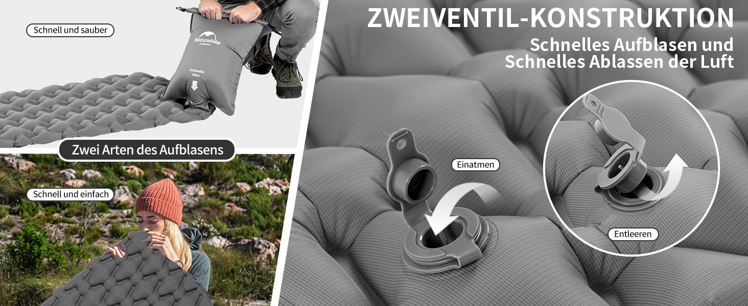 Naturehike Ultraleichte Isomatte: Надувний килимок для кемпінгу та подорожей, 6.5 см, сірий