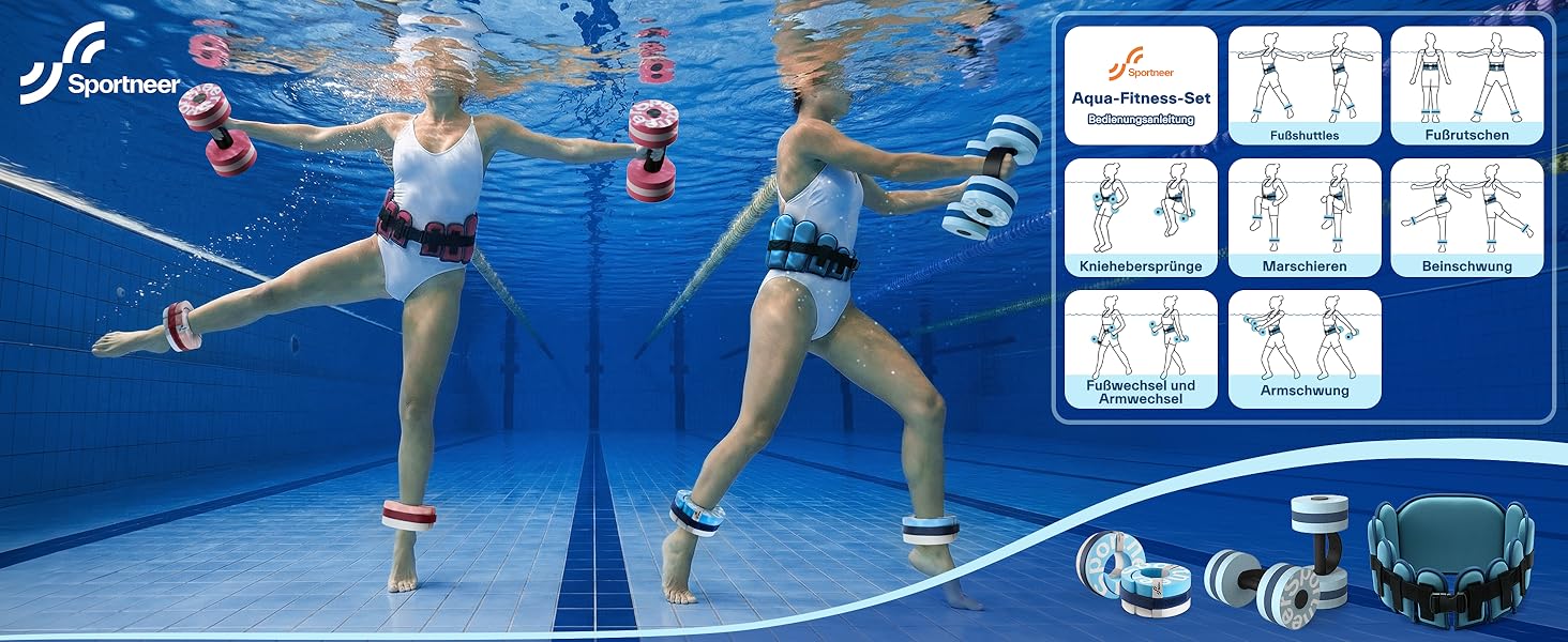Sportneer Набір для аквафітнесу 3-в-1: Водні гантелі, пояс та манжети для занять у басейні (Синій)
