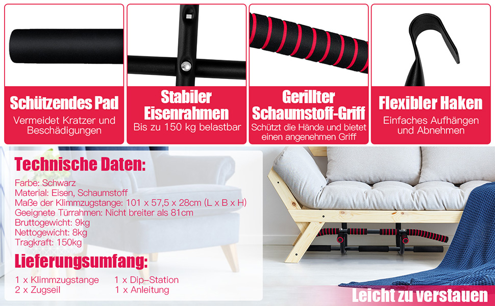 Кімнатний турнік COSTWAY для дверного прорізу без свердління, турнік для підтягувань з гімнастичною стінкою та тросом, дип-бар до 150 кг, турнік для силових тренувань вдома, чорний