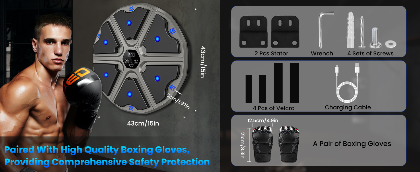 Музичний боксерський тренажер: електронна машина для ударів з Bluetooth, 9 режимів, лічильник ударів, для дорослих (сірий)