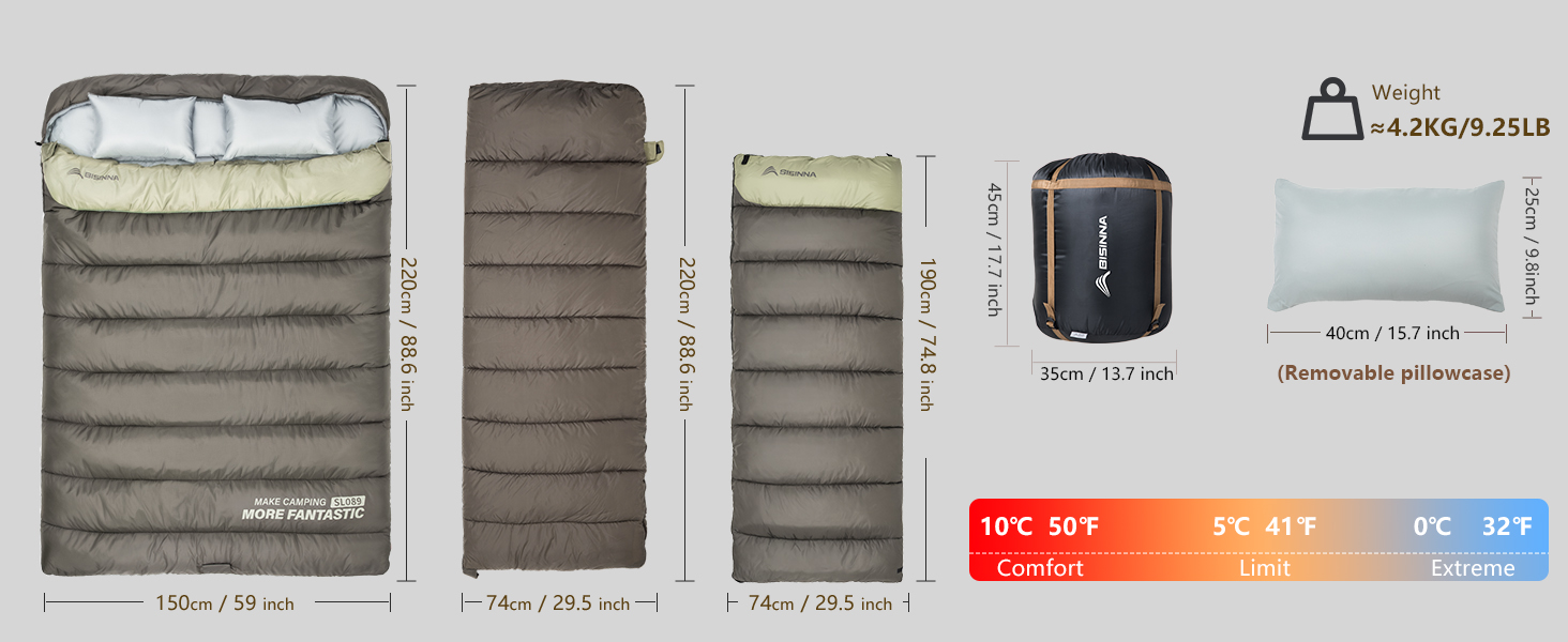 Зимовий спальний мішок BISINNA для 2 дорослих, 3 сезони, для кемпінгу та подорожей на автодомі (4.2 кг), зелений