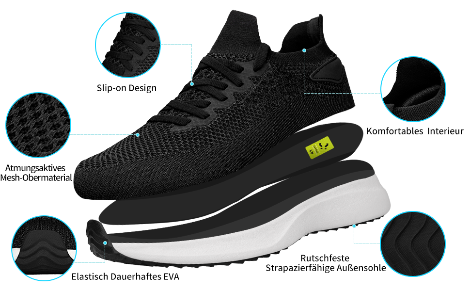Чоловічі кросівки для бігу та занять спортом: чорні, легкі, дихаючі, slip-on, розмір 45 EU