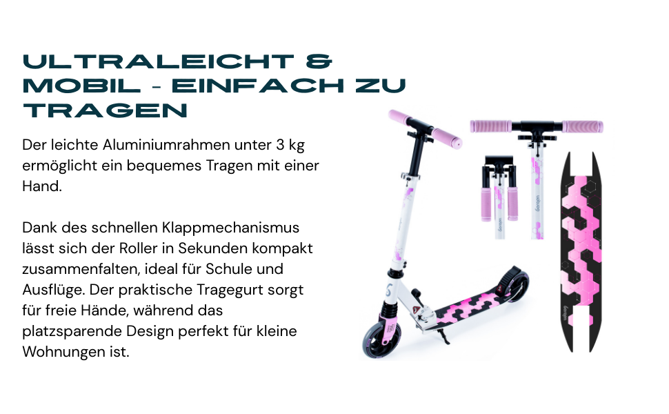 Самокат міський Bergen City Scooter Sonic - алюмінієвий, складаний, колеса PU 145мм, амортизатор, гальмо заднє, регулювання висоти, для дітей від 5 років, легкий, наклейка на деку (білий, чорний, рожевий)