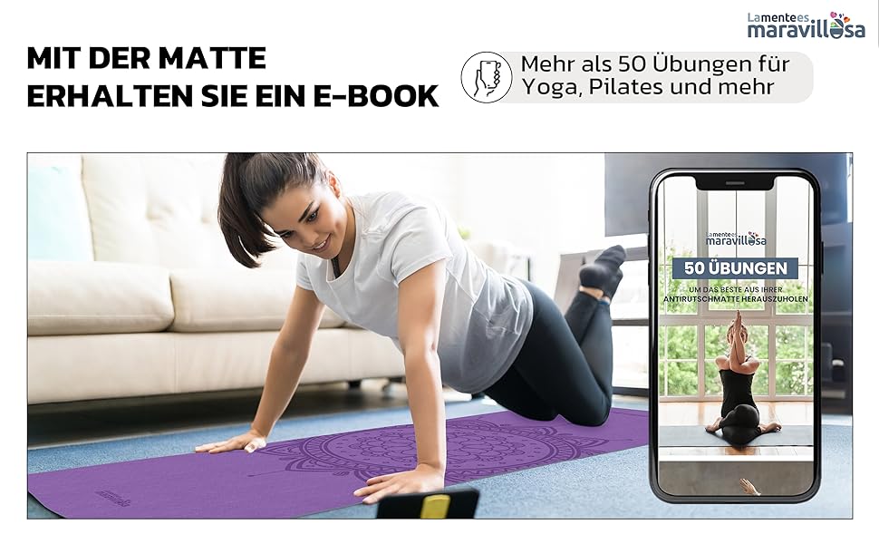 Килимок для гімнастики та йоги з неслизьким покриттям, з сумкою та E-book, 183x61 см, Мандала, фіолетовий + чорний