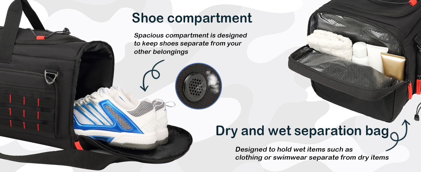 Спортивна сумка 50L для чоловіків 3-в-1 з відділенням для мокрого одягу та взуття, рюкзак, дорожня сумка, валіза ручної поклажі, для тренувань, залу, плавання, подорожей (чорний)