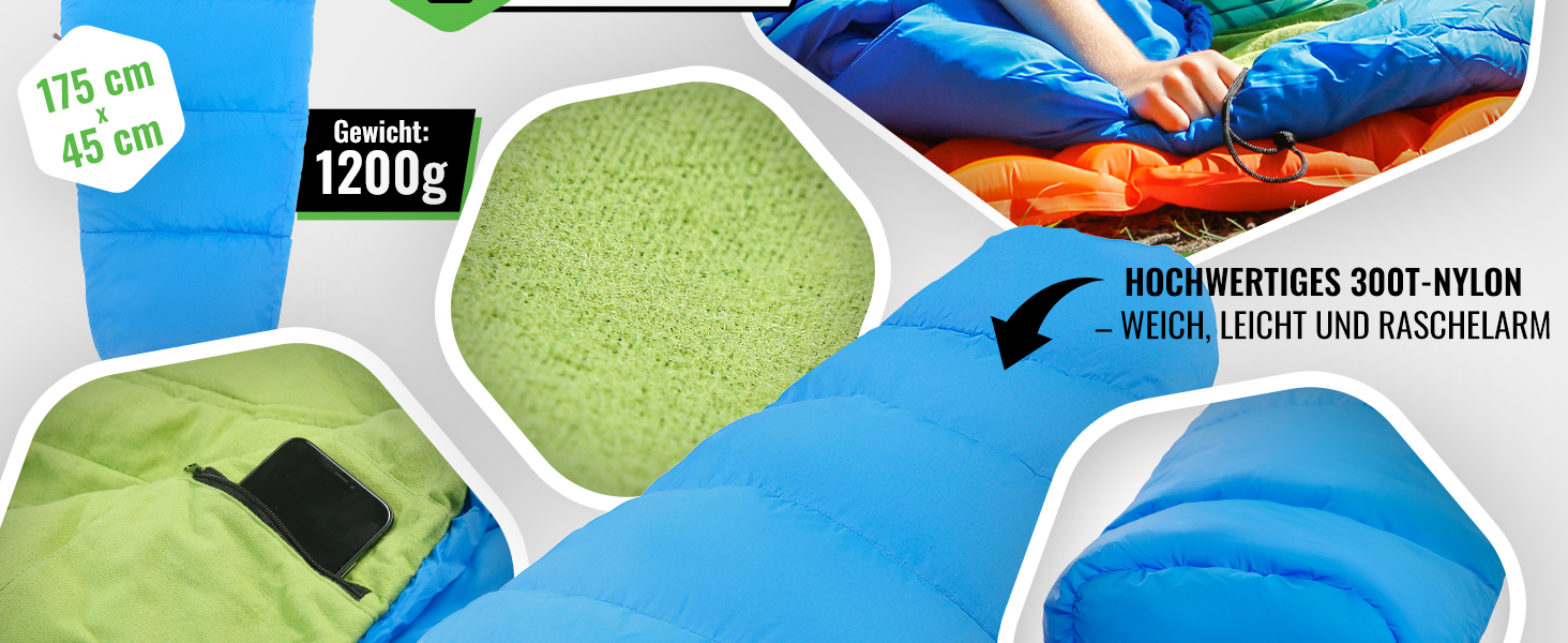 Дитячий спальний мішок MOUNTREX® - зручний та легкий, 175x70x45 см - для подорожей, кемпінгу, відпочинку на природі. 100% бавовна, блакитний/зелений