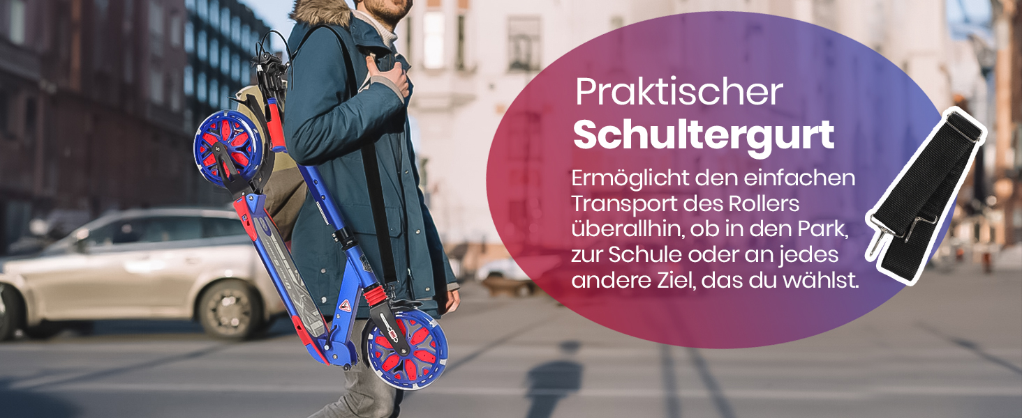 Самокат трюковий Kickscooter LED-синій, для дітей 8-12 років та дорослих, колеса 200 мм, дискові гальма, складаний, з ременем та подвійною амортизацією