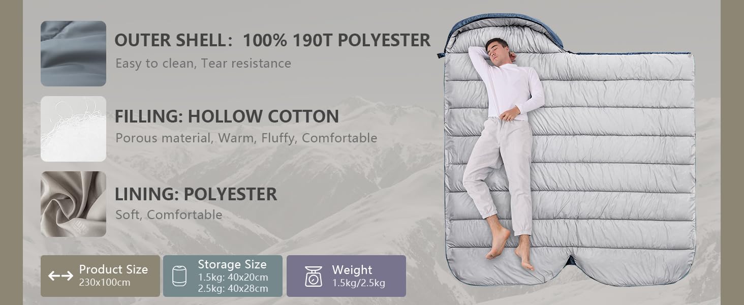 Спальний мішок BISINNA XXL для великих дорослих, 3-4 сезони, зимовий, теплий, для кемпінгу, сірий, 1.5 кг, блискавка справа