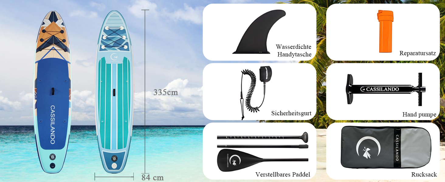Надувний SUP дошка CASSILANDO Stand Up Paddle Board 335 см з аксесуарами та сумкою для перенесення, для йоги, риболовлі, серфінгу, підходить для дорослих та підлітків, з імітацією текстури дерева, колір м'ятно-зелений