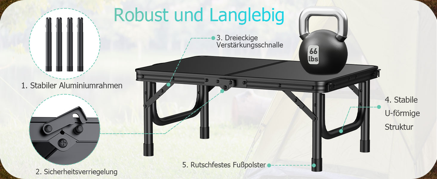 VINTEAM Стіл для пікніка та кемпінгу, регульована висота, складаний, 58x40 см