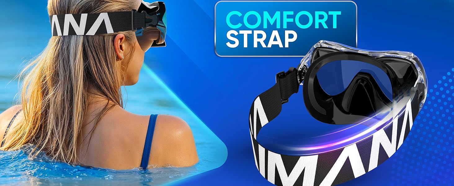 Набір для снорклінгу Kaimana AquaVision Elite для дорослих з сумкою, зручна маска для снорклінгу, альтернатива масці, синій комфортний ремінець