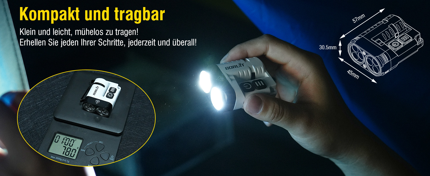 Ліхтарик BORUIT U6 LED акумуляторний 1600 люмен, водонепроникний IP68, з кліпсою та магнітом, компактний EDC для кемпінгу та надзвичайних ситуацій (чорний/білий)