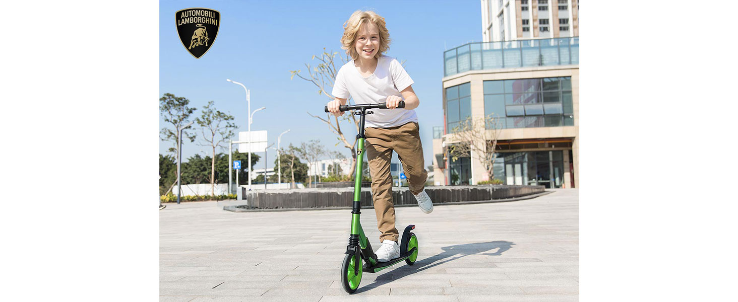 Скутер Lamborghini Tretroller Cityroller Big Wheel: складний, регульована висота, для дорослих та дітей, з підставкою, передньою підвіскою та гальмом на задньому колесі, до 100 кг (зелений)