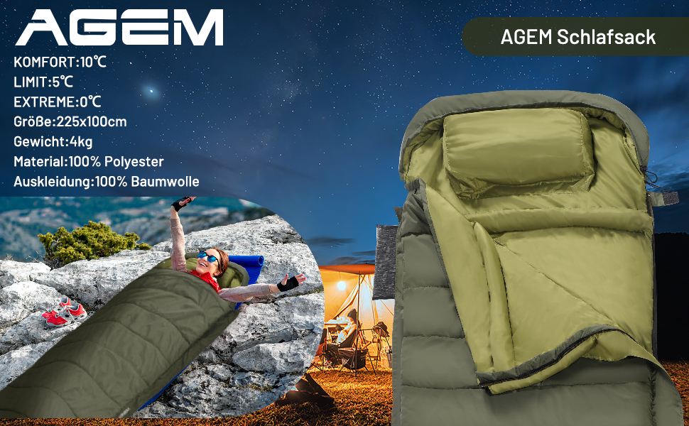 Спальний мішок AGEM для дорослих: 3-4 сезони, 225x100 см, 4-5 кг, для кемпінгу та риболовлі