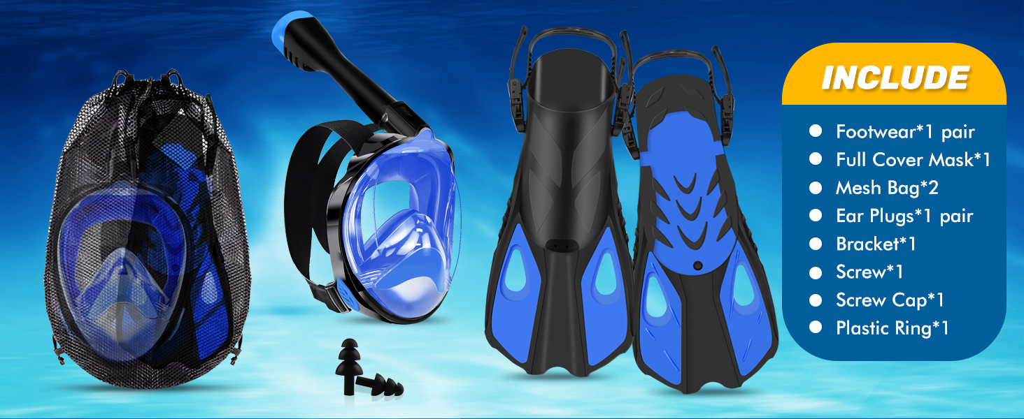 Набір для снорклінгу та дайвінгу для дорослих: маска-половинка, ласти, чохол. Широкий огляд 180°, фіксація камери, регульовані ласти