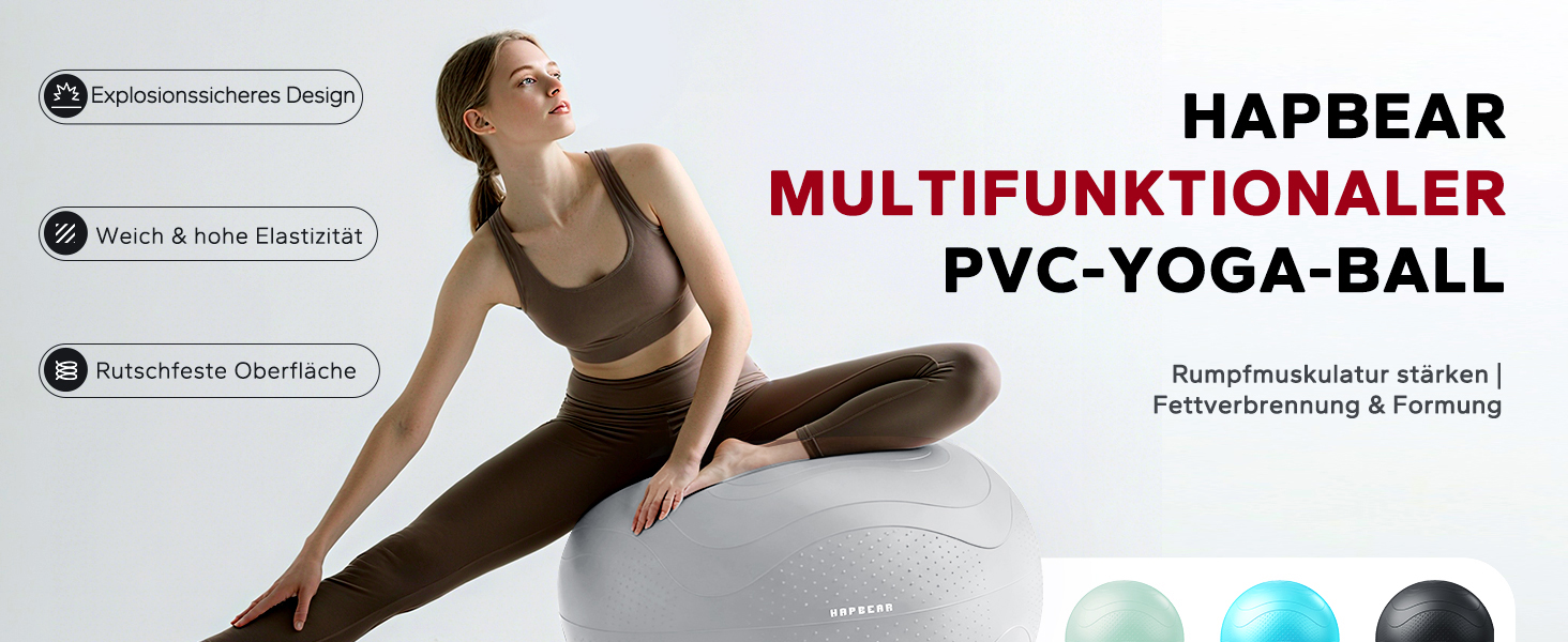 Гімнастичний м'яч HAPBEAR 55/65/75 см – Анти-вибух, неслизький з масажними попками, товстий PVC, до 200 кг, комплект з насосом та еластичними стрічками для фітнесу, офісу та йоги (сірий, XL)
