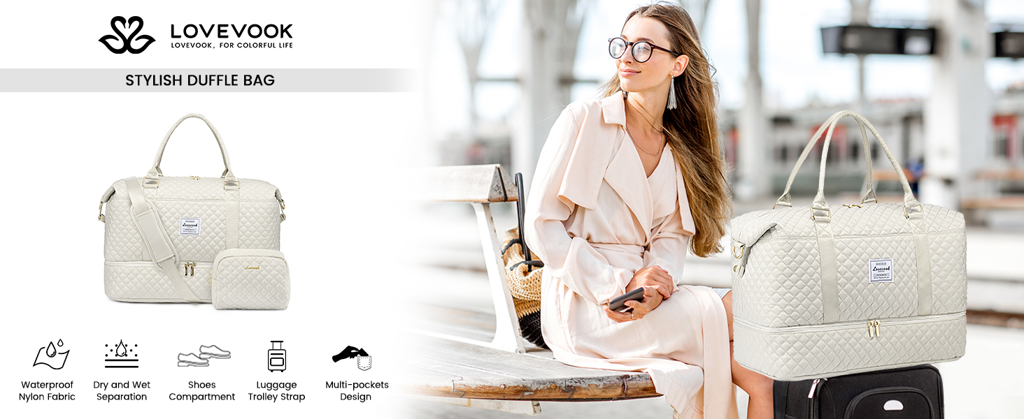 Спортивна сумка LOVEVOOK для жінок: велика дорожня сумка-мішок з косметичкою, відділенням для взуття та мокрих речей. Ідеальна для подорожей, клініки, пологів, вихідних. Водостійка сумка ручної поклажі для літака. 2 шт. Бежевий колір.