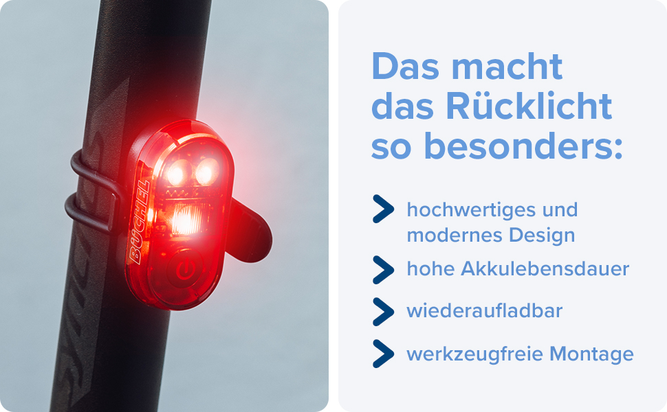 Заднє велоліхтар LED Büchel, акумуляторний, сертифікований StVZO, для велосипеда та електробіка (без функції показу гальмування)