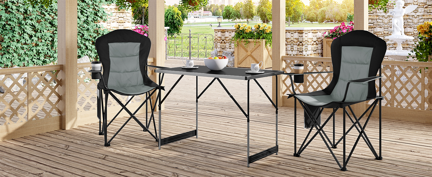 Складний туристичний стілець WOLTU - легкий, для відпочинку на природі, риболовлі, кемпінгу. Макс. навантаження 150 кг, з кишенею для напоїв, чорний + темно-сірий