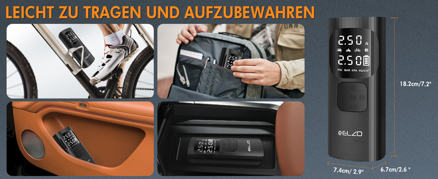 Електричний компресор ELZO для велосипедів, м'ячів та авто: 150 PSI, 7500mAh, LCD-дисплей, автостоп