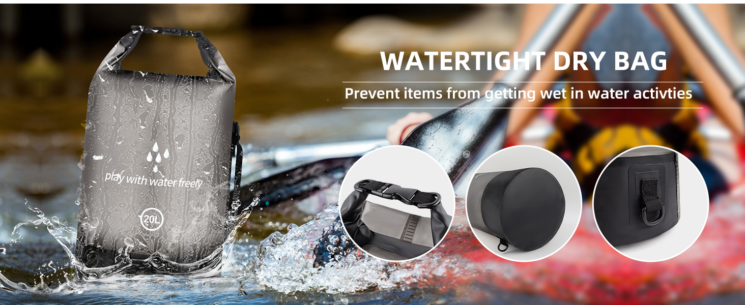 Водонепроникний мішок Drysack 20 л Roll-Top з кишенею для телефону – для каякінгу, човнів, походів, рафтингу, плавання, кемпінгу та риболовлі (Чорний)