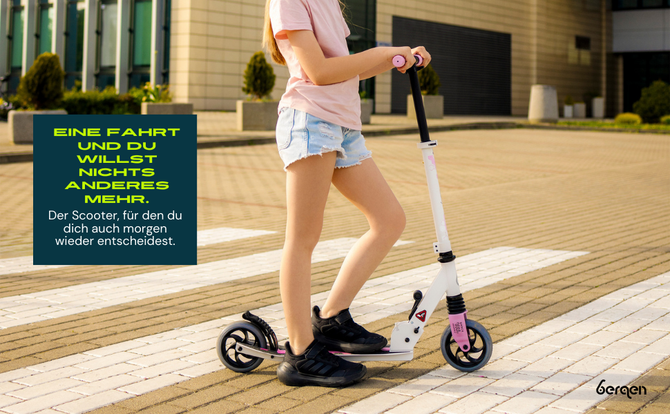 Самокат міський Bergen City Scooter Sonic - алюмінієвий, складаний, колеса PU 145мм, амортизатор, гальмо заднє, регулювання висоти, для дітей від 5 років, легкий, наклейка на деку (білий, чорний, рожевий)