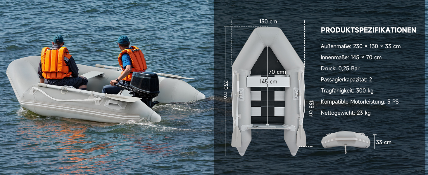 Надувне човен Dartmoor для 2 дорослих: сірий човен з алюмінієвим дном, веслами та насосом (230x130x33 см)