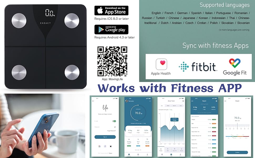 Цифрова вага для тіла та аналізу жиру Exzact з підключенням до App (iOS & Android) - Bluetooth, 180 кг, kg/st/lbs, чорний колір