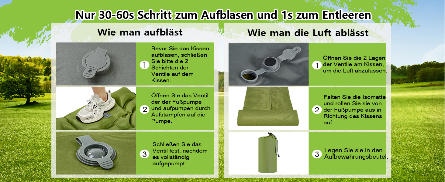 MEIJO Килимок для кемпінгу самонадувний, ізомат, туристичний килимок, Ultraleicht з насосом для ніг, товстий, для відпочинку на природі, у наметі, на пляжі, блакитний & сірий (зелений & сірий)