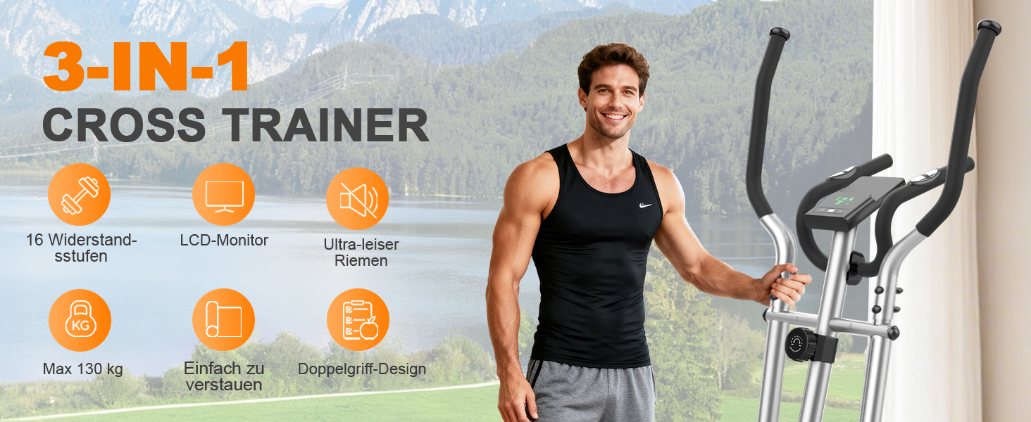 Еліптичний тренажер Crosstrainer 3-в-1 з LCD-монітором, 16 рівнів навантаження та 6 кг маховиком (Оранжевий + Срібний)