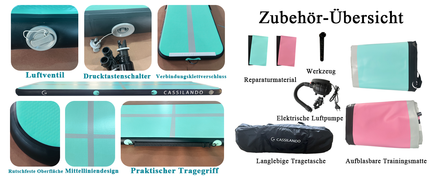 Airtrack CASSILANDO 300x100x10 см - Надувний мат для гімнастики, акробатики та йоги (М'ятний/Чорний)