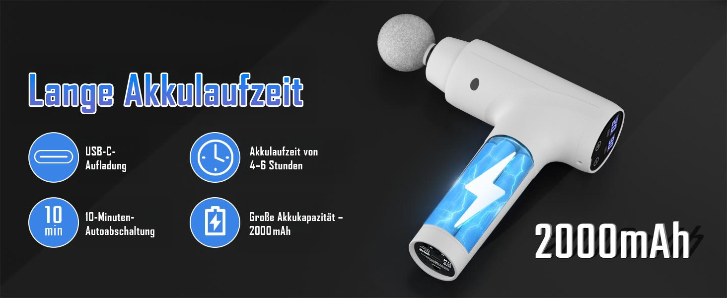 Електрична масажна пістолета з підігрівом, 20 швидкостей, 10 насадок, LED-дисплей, тиха робота (білий)