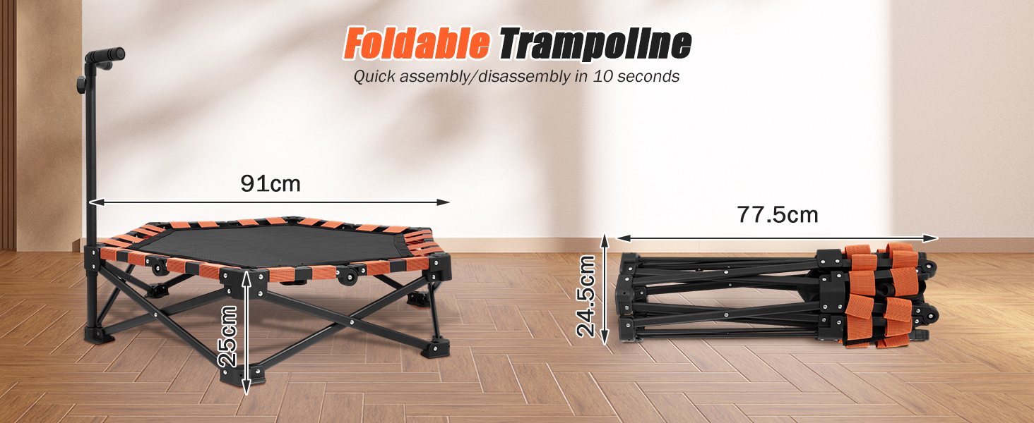 Складаний батут для дому, 130 кг, чорний | Фітнес-батут для дітей та дорослих з регульованою ручкою