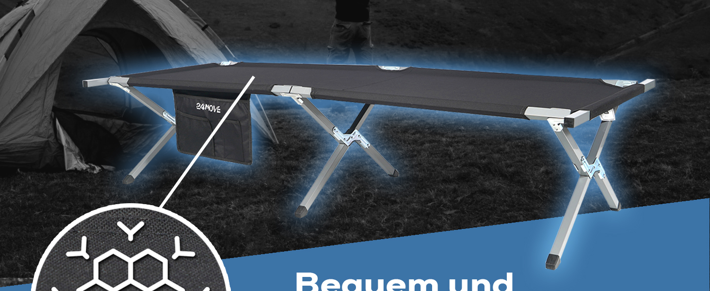 Розкладне ліжко 24MOVE® для кемпінгу та відпочинку на природі, 210x72x45 см, чорне, до 200 кг