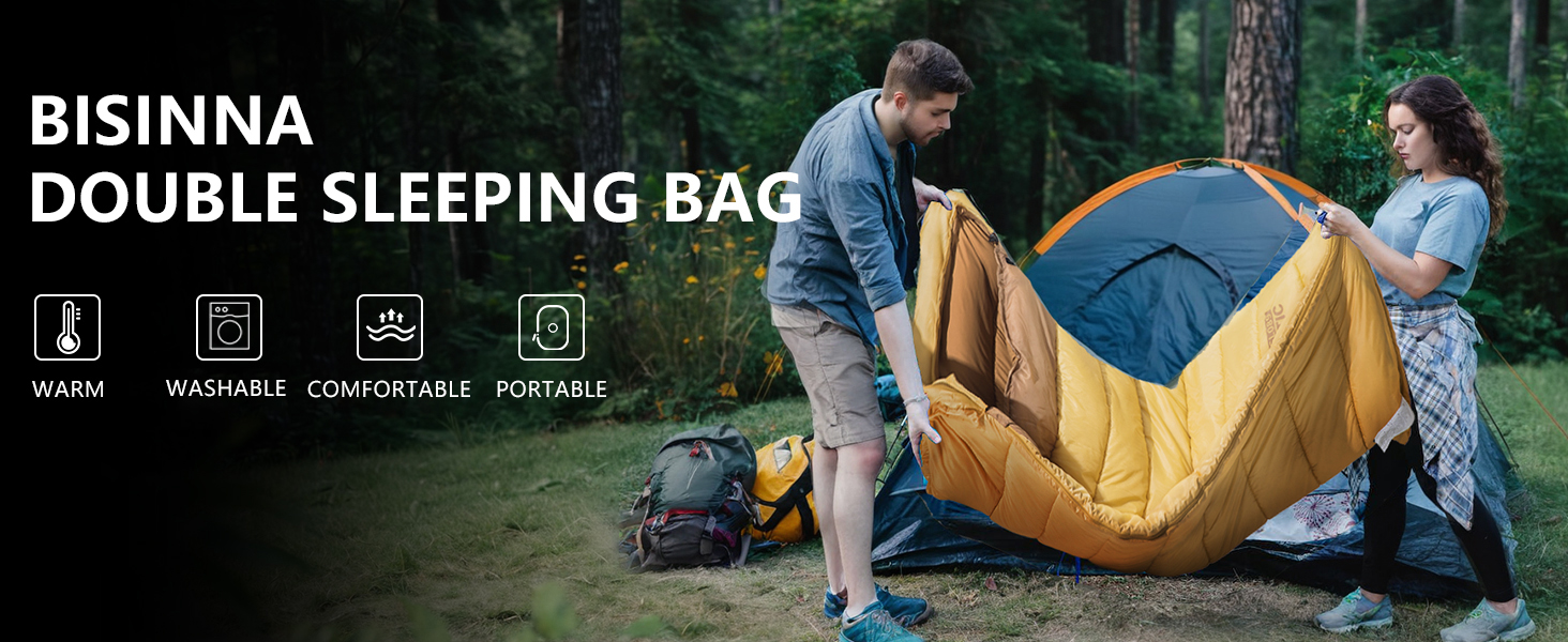 Зимний спальний мішок BISINNA для 2 дорослих, 3 сезони, для кемпінгу та подорожей на автодомі (4.2 кг), зелений (жовтий)