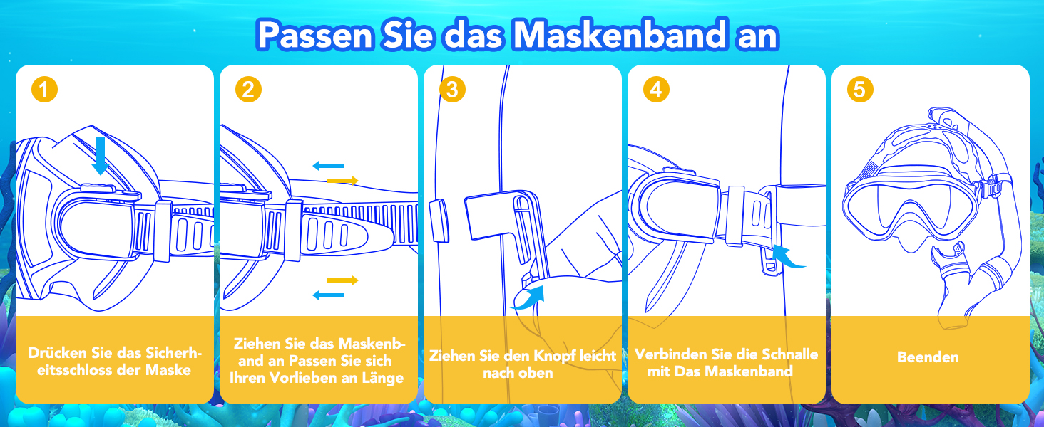 Набір для снорклінгу для дітей з ластами, маска з панорамою 180° та сухим снорклом, блакитний