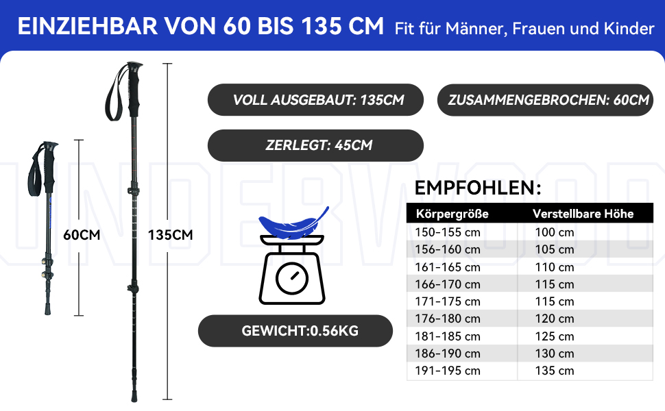 Палиці для скандинавської ходьби для жінок і чоловіків, телескопічні туристичні палиці 1/2 шт. и для трекінгу, алюмінієві туристичні палиці, трекінгові палиці 60-135 см для дітей, дорослих, регульовані туристичні палиці