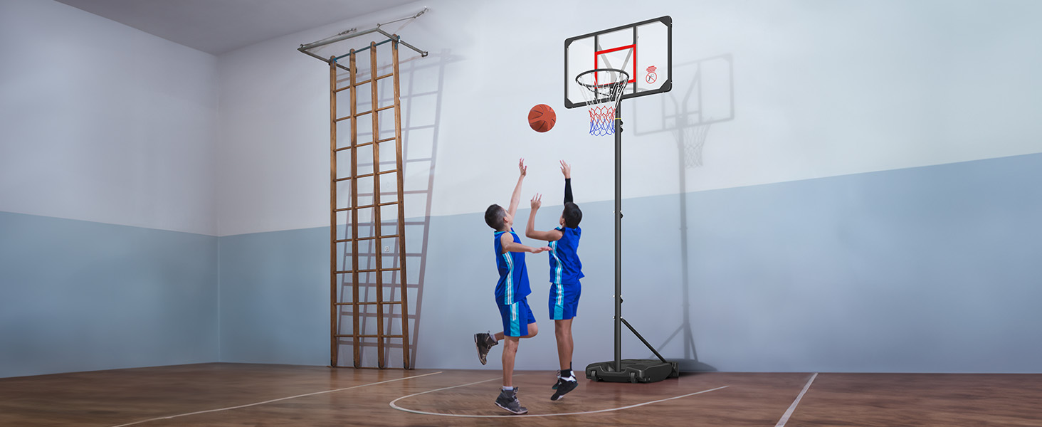 Баскетбольний кошик вуличний дитячий/підлітковий на колесах, регульована висота 147-260 см, з полікарбонатною щитом 82x53 см та розширеною основою, чорно-червоний