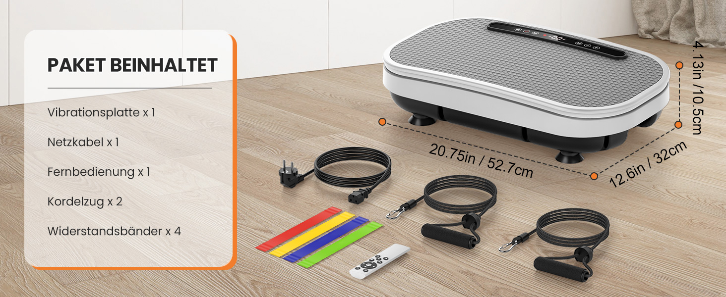 Вібраційна платформа для схуднення з еластичними гумками, 9 режимів, 120 рівнів інтенсивності, Bluetooth, LED-дисплей, місткість 150 кг, білий