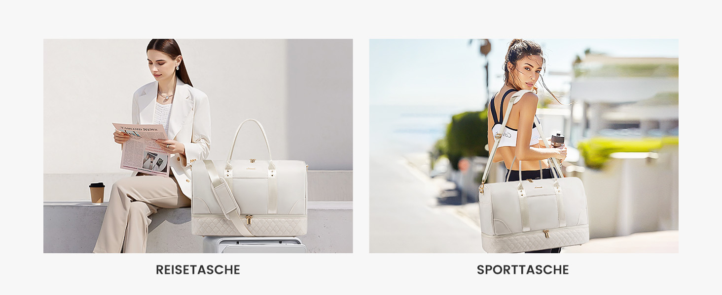 Сумка-мішок LOVEVOOK для жінок, дорожня сумочка-вікендер з відділенням для взуття та мокрих речей, 2 шт. у наборі, велика спортивна сумка, ручна поклажа для подорожей літаком, фітнесу, йоги, бежева, L (35 л)