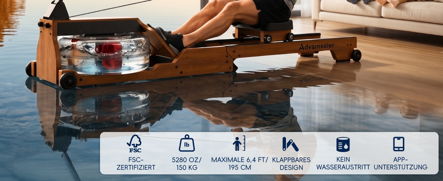 Гребний тренажер Advamsoler з масиву дерева, складаний, для дому з Bluetooth, LCD-монітором, тримачем для планшета, до 150 кг