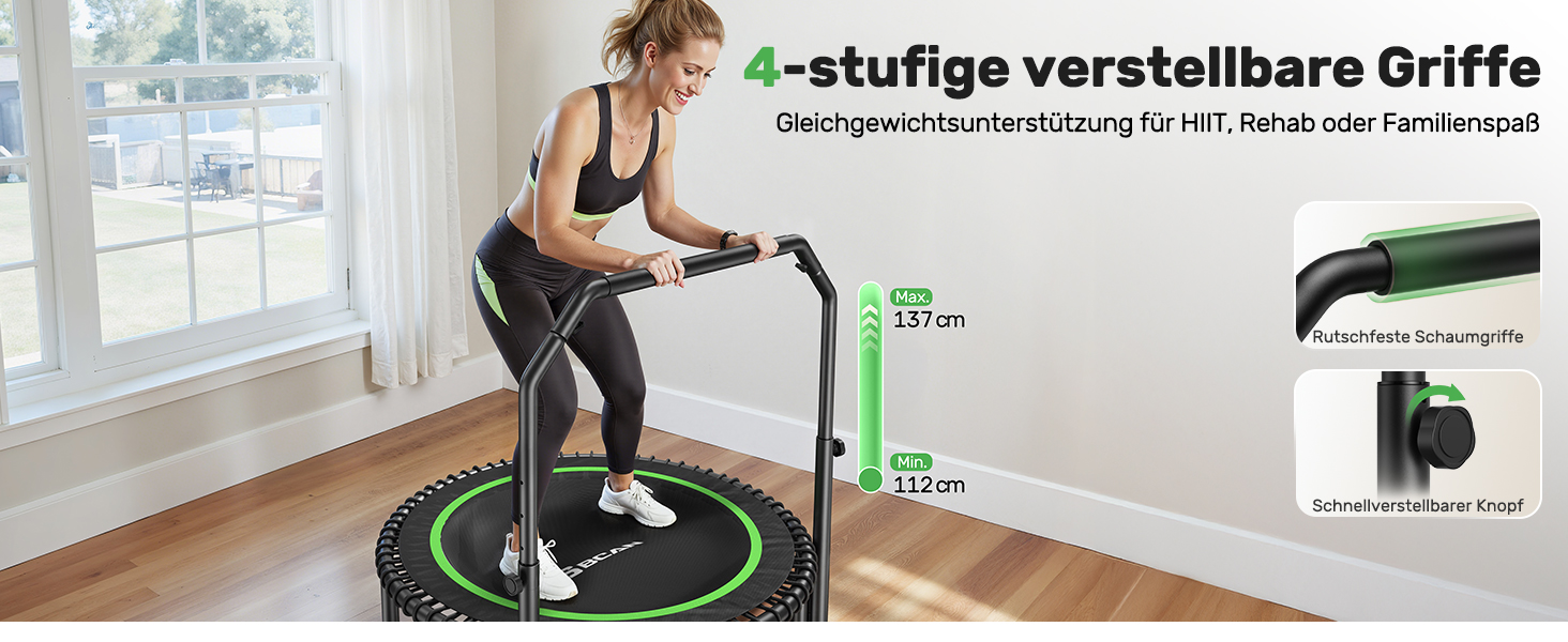 Міні-батут BCAN для дорослих, 102/122 см, до 204/250 кг, з бунжеєвими тросами, регульованою ручкою, стабільний, тихий, для дому та вулиці, тренування всього тіла, релаксація