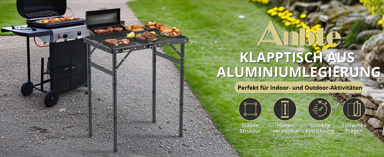 Стіл для кемпінгу Anbte Grilltisch 58x40 см, металевий, регульована висота (26/48/70 см), алюмінієвий каркас, чорний
