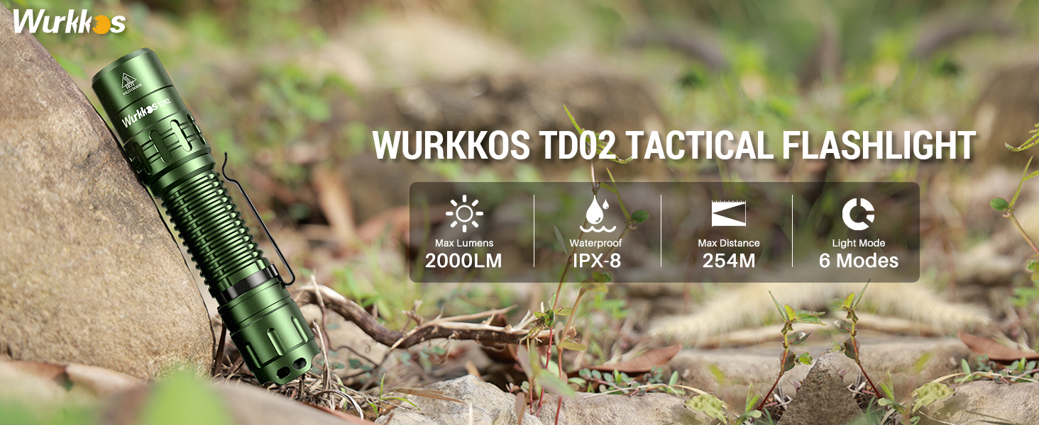 Wurkkos TD02 тактична ліхтарик LED, 2000 люмен, USB-C, водонепроникний IP68, 6 режимів, компактний, для активностей на відкритому повітрі та в приміщенні (зелений)