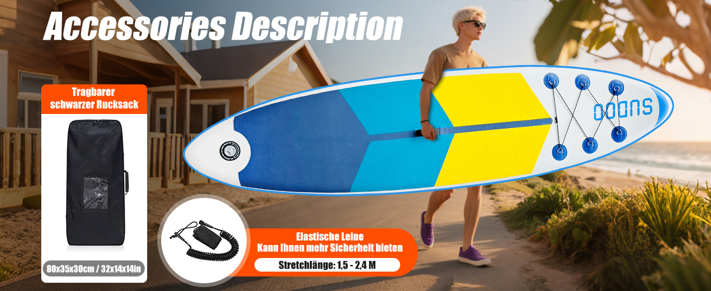Надувний SUP Борд для вейкбордингу (2+1 особи/сім'ї), Surfboard для дорослих, вантажопідйомність до 150 кг, повний комплект з веслом, плавниками та рюкзаком (SUP20YG-Blue White)